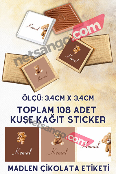 Netsan Etiket İsimli Kare 108 Adet Çikolata Etiketi Yapışkanlı 3,4x3,4cm Kuşe Sticker Ayıcık Desen