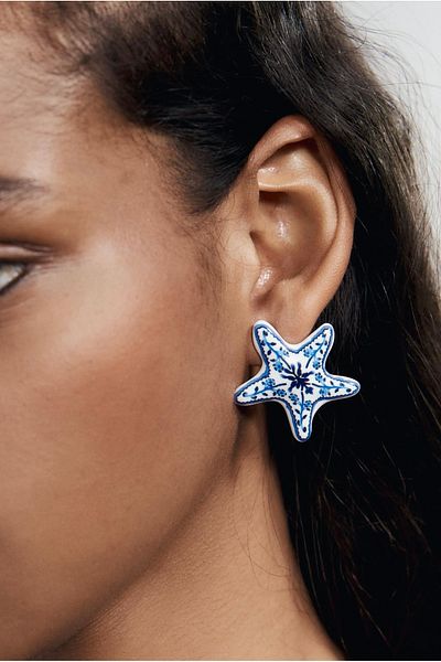 Pinery Jewels Vip Series - Brand Model Enameled Blue Starfish Women's Earrings Pair 4.5 cm
