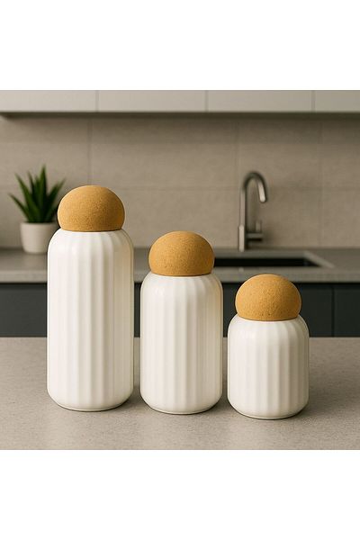 ENYAZA(2024) Set of 3 Ball Cork Lid Striped Porcelain Jar and Spice Jar