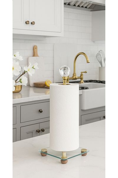 Meralles Gold Decorative Wooden Ball Footed Crystal Stone Square Glass Paper Towel Holder