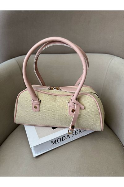 Moda Sekiz Women's Pink Color Straw Baguette Handbag and Shoulder Bag with Faux Leather Zippered Sides