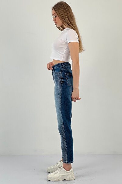 Miss Poem Blugi Mom Stone de damă cu picioare largi Pantaloni albaștri din denim