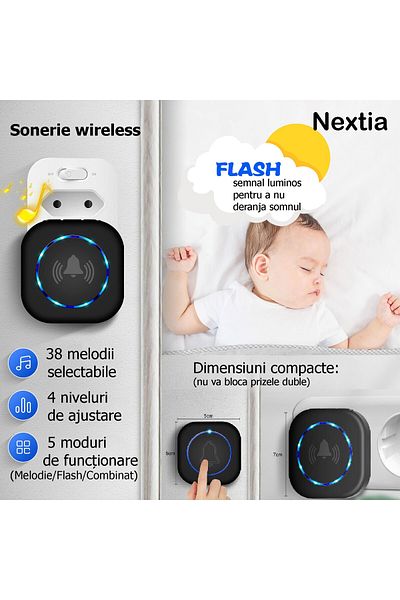 Nextia Sonerie Wireless B10bk-2, Cu Baterie Emitator, 100 Db, 38 Melodii, 300 M Ip55. Negru