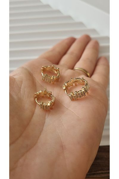 Finesa Jewelry Threaded Edge Design, Zircon Stone Detailed 3-Piece Steel, Combination Earring Set