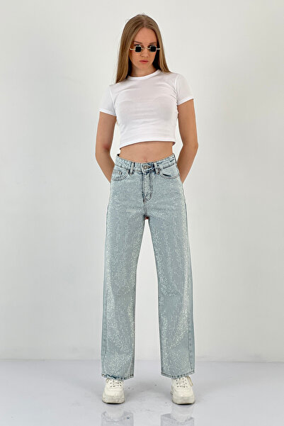 Miss Poem Blugi de damă cu picioare largi, cu strasuri, pantaloni largi, albastru gheață