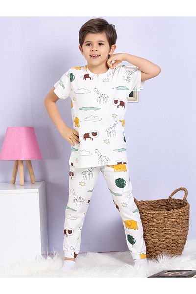 elmas kids Boy's 100% Cotton Safari Pattern Short Sleeve Pajama Set