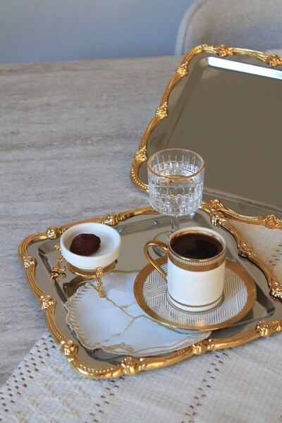 Moon Dizayn GÜMÜŞ GOLD İŞLEME TASARIM TEPSİ KAHVE SUNUM TEPSİSi SETİ 2 KİŞİLİ...