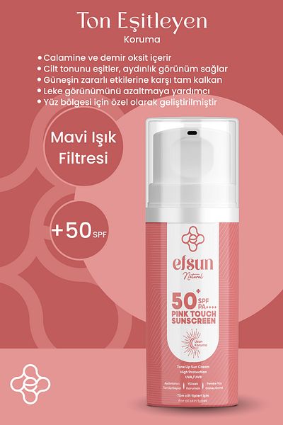 Efsun Natural Pink Touch Tone Equalizing Brightening Spf 50+ Pa++++ Pink Facial Sunscreen Organic Filter 50 ml