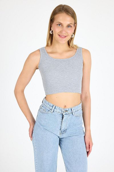 Arma Yıldız Women's Cotton Ribbed Halter Neckline Thick Strap Crop Bustier Gray