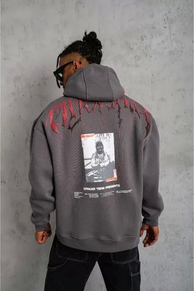 Moda Asmira Men's Front and Back Printed Hooded 3 Thread Sweatshirt - Smoked