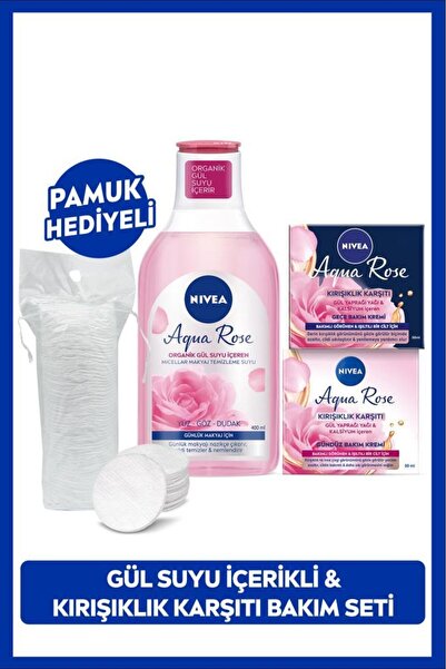 NIVEA Aqua Rose Günlük Micellar Makyaj Temizleme Suyu 400ml, Gündüz Ve Gece Yüz Kremi 50ml, Pamuk Hediyeli