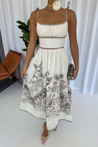 Mine Tan Butik Рокля с квадратно деколте и шарка на подгъва - норка
