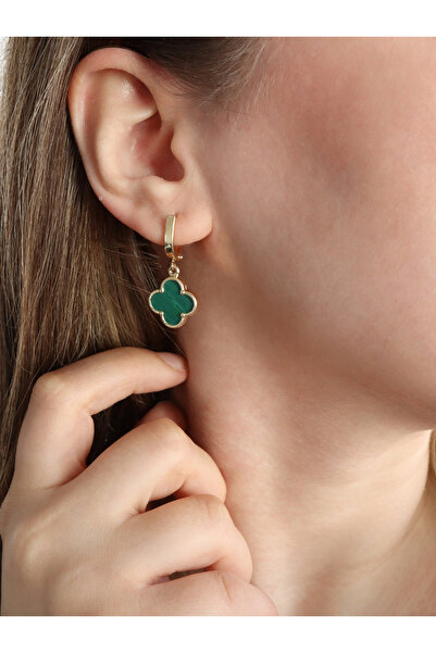 DİAMİNE PIRLANTA 14 Ayar Altın Büyük Yeşil Taşlı Yonca Küpe