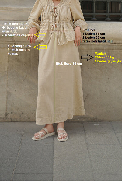 Molly Nelly Kadın Yıkanmış Pamuk Muslin Lastikli Uzun Etek