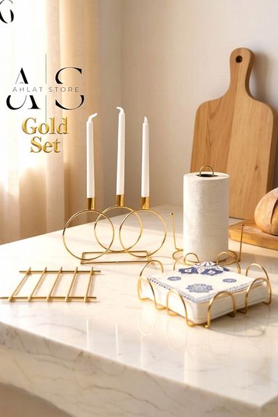 Ahlat Store Tableware Kitchen Presentation Plate Napkin Holder Towel Holder Trivet Candlestick 4-Piece Tableware Set Kitchen Organizer