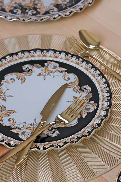 Glore Ragusa Gold Gilded Glass Set for 6 People - Serving Plate Included