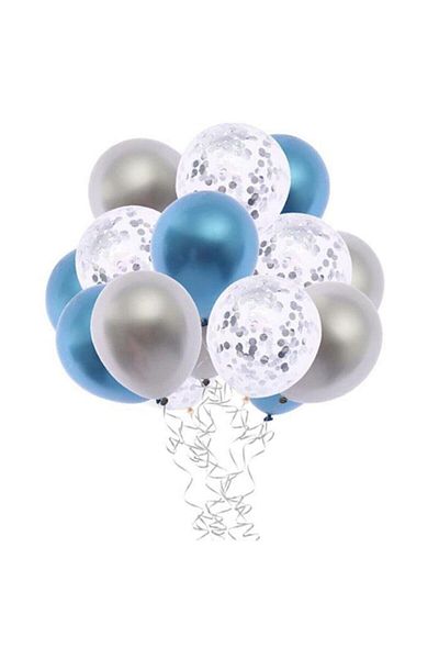 Deniz Party Store Transparent Balloon with Silver Confetti Metallic Blue Metallic Gray Balloon Set 15 Pieces