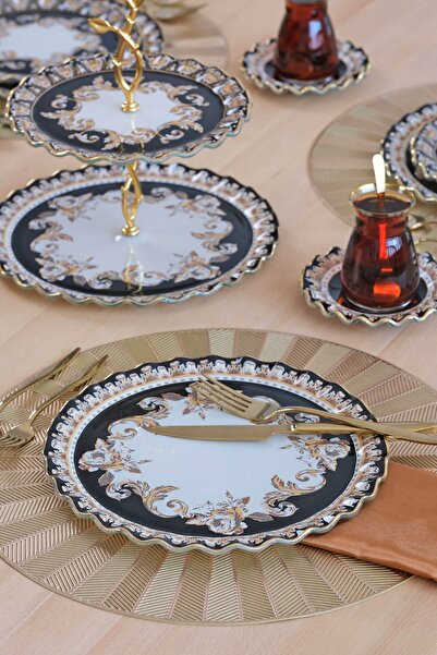 Glore Ragusa Gold Gilded Glass Set for 6 People - Serving Plate Included