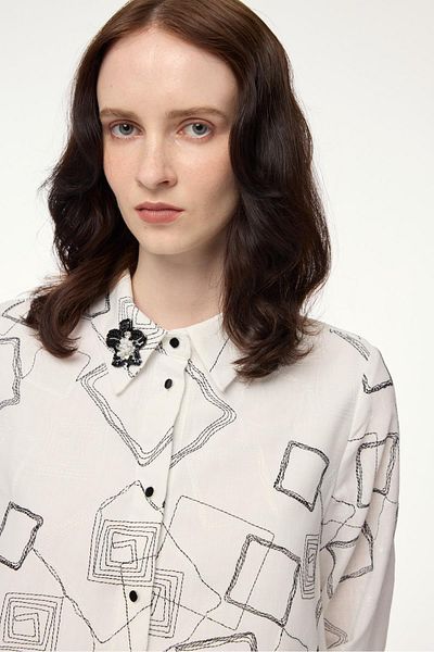 Zühre Geometric Patterned Ecru Tunic with Accessories T-1574