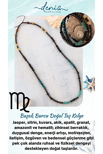 Deniz Doğal Taş Sertifikalı BAŞAK Burcu Doğal Taş Kolye (Jasper-Sitrin-Kuvars-Akik-Apatit-Granat-Amazonit-Hematit)