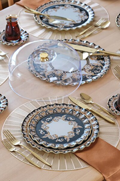 Glore Ragusa Gold Gilded Glass Set for 6 People - Serving Plate Included