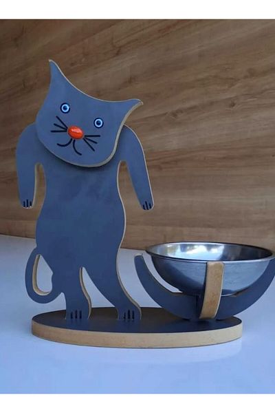 Asrimo mobilya Disassembled Wooden Cat Figured Food Bowl-Water Bowl
