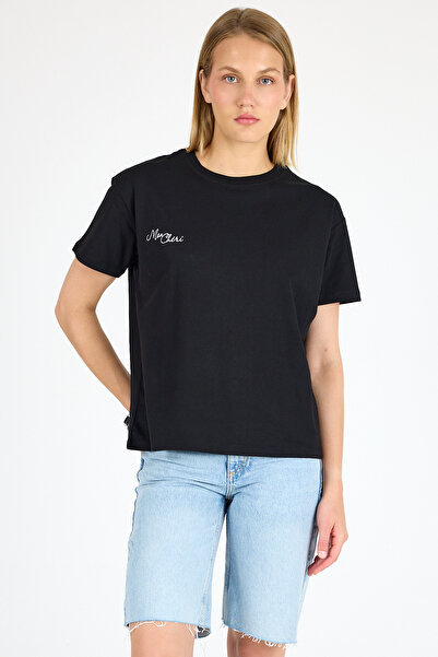 BEC'S Kadın Mon Cheri Nakış Detaylı Rahat Kalıp Bisiklet Yaka Pamuklu Siyah T-shirt