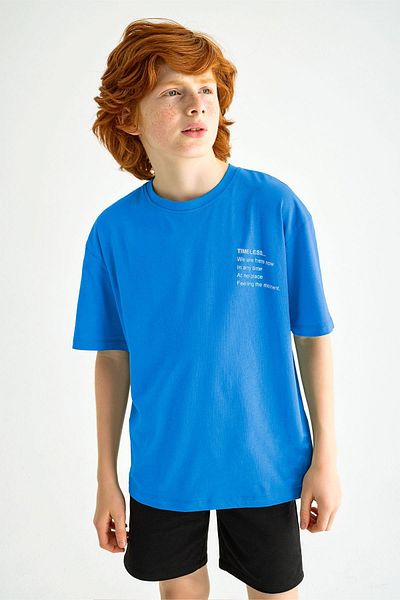 zepkids Tricou pentru băiat cu mânecă scurtă cu decolteu rotund imprimat de culoare albastră