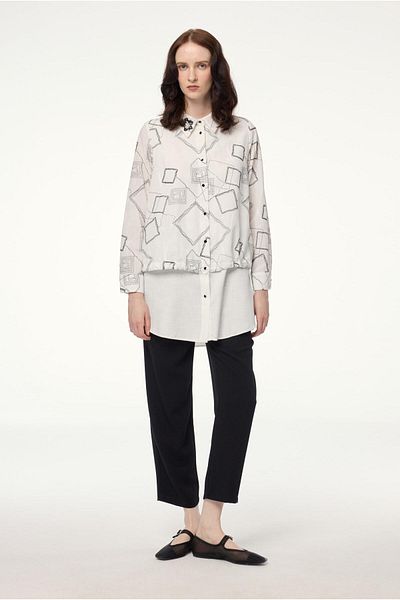 Zühre Geometric Patterned Ecru Tunic with Accessories T-1574