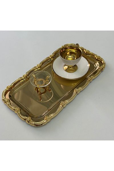 Elzemm store 1 Pcs Gold Large Rectangular Gold Frame Presentation Tray for Tea Coffee 17*33 cm