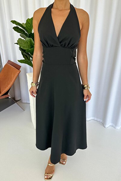 Mine Tan Butik Boyun Detay Zarif Uzun Kadın Elbise - Siyah