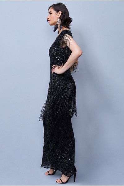 GATSBYLADY LONDON Ethel Maxi Fringe Gown in Black
