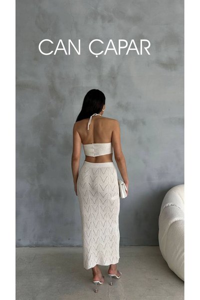 CAN ÇAPAR Kadın Örgü Desenli Crop Top ve Etek Takımı