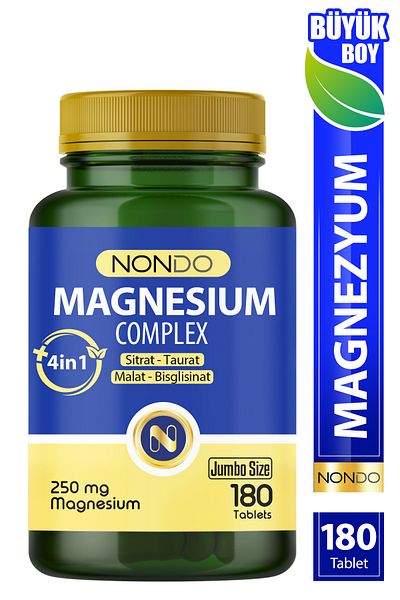 Nondo Magnesium Complex 180 Tablets Jumbo Size 250 Mg 4 Forms, Citrate, Taurate, Malate, Bisglycinate,