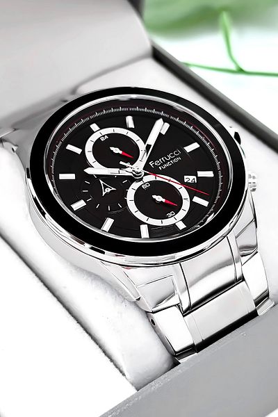 Ferrucci Men Wrist Watch Function Silver-Black Color 3 Atm Waterproof with Bracelet Gift Sdfer0