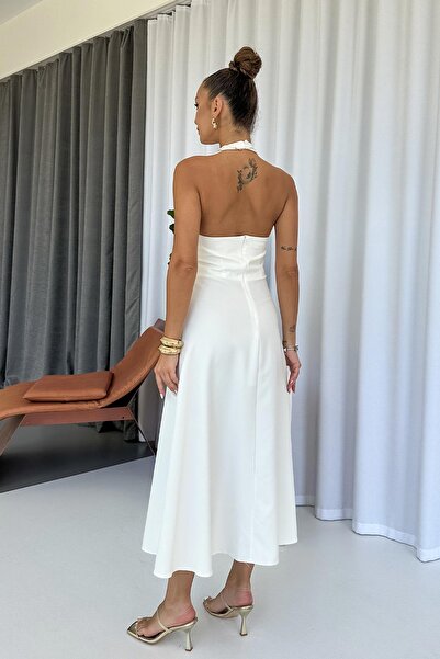 Mine Tan Butik Шийка з витонченими деталями, довга сукня для жінок - біла