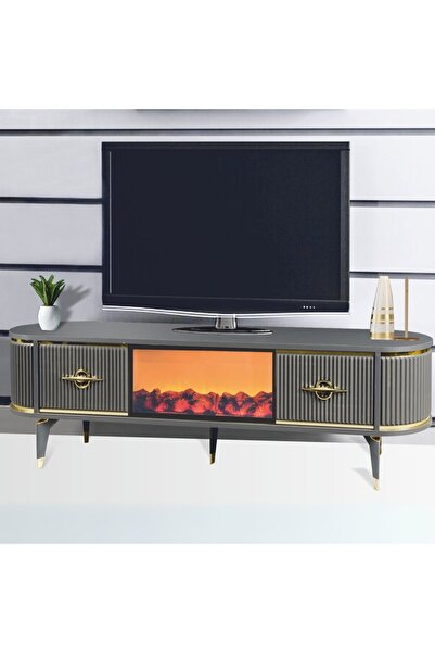 Nevamobilya Maya Şömineli Tv Sehpası Antrasit Gold Şeritli Oval Tasarım Alev Efektli 2 Çekmeceli 180x40x53 Cm