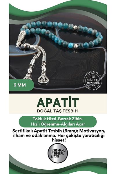 OSMANLI DEĞERLİ TAŞ 6 Mm Apatite Natural Stone Rosary - Certified, T202