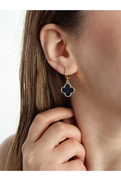 DİAMİNE PIRLANTA 14 Ayar Altın Büyük Siyah Taşlı Yonca Küpe