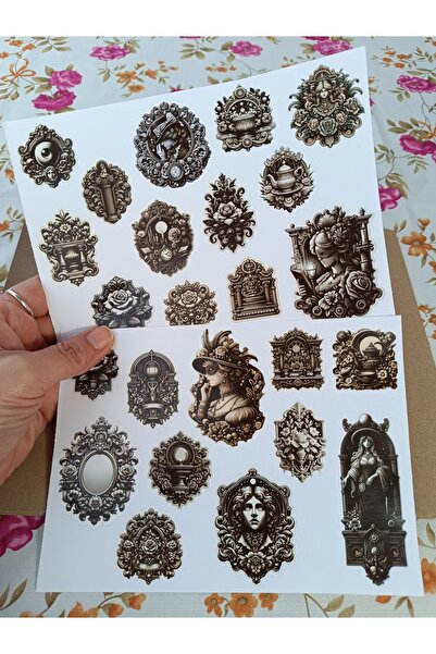 Pink Swan Craft Vintage Scrapbook Viktoria Dönemi Gri Renklerde Etiket Seti, ...