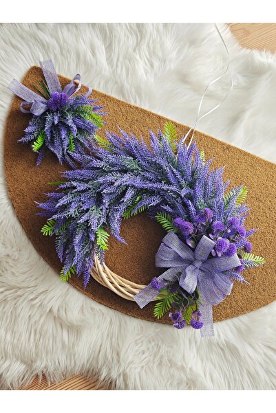 Serçeden Lavanta çiçekli bambu çelenk kapı süsü ve paspas 2 Parça takım