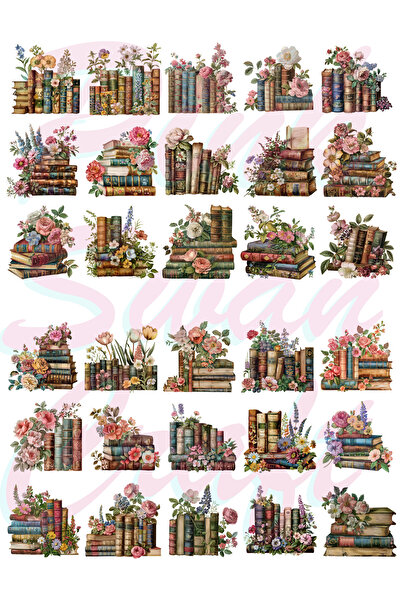 Pink Swan Craft Vintage Çiçekli Kitaplar Etiket Seti, Bullet Journal, Scrapbo...