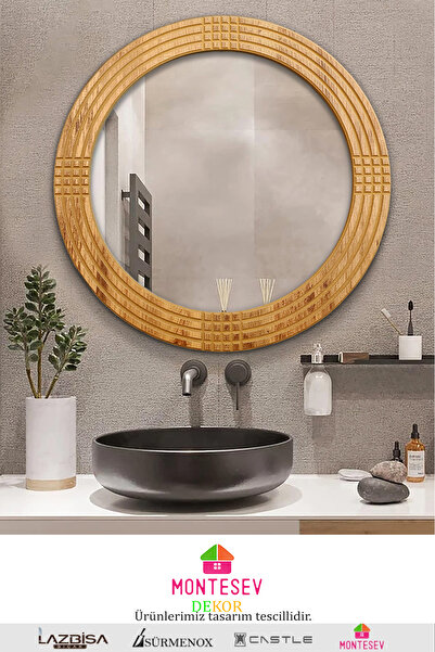 MONTESEV Safir Ahşap Dekoratif Ayna Yuvarlak Ayna Işlemeli Ahşap Duvar Aynası...