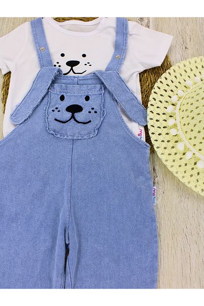 EYMİRGİYİM Straw Hat Eared Salopet Girl Boy Baby Child 3-Piece Set 6-9 Months, 9-12 Months, 12-18 Months, 18-24 Months
