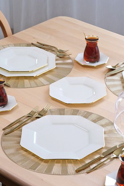 Glore Octagonal Cream Gold Gilt Glass Serving Plate Set for 6 Persons