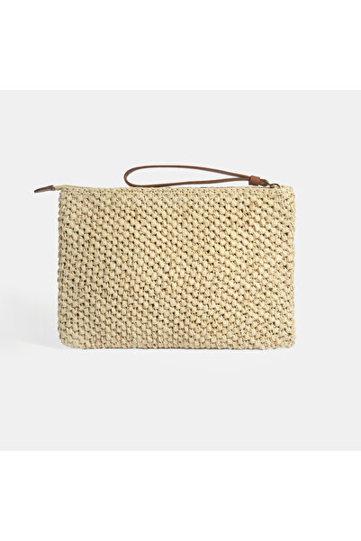 Desa Women's Beige Leather Detailed Straw Handbag