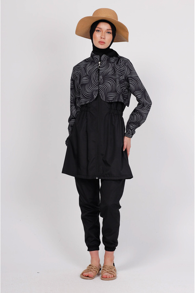 GAVLİA Vera Black and White Wave Hijab Swimsuit Set (Top + Pants + Bag) – Set of 3 with Parachute Pants