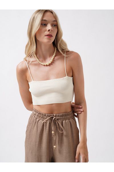 Black Fashion Ecru Crop Top with Thin Straps