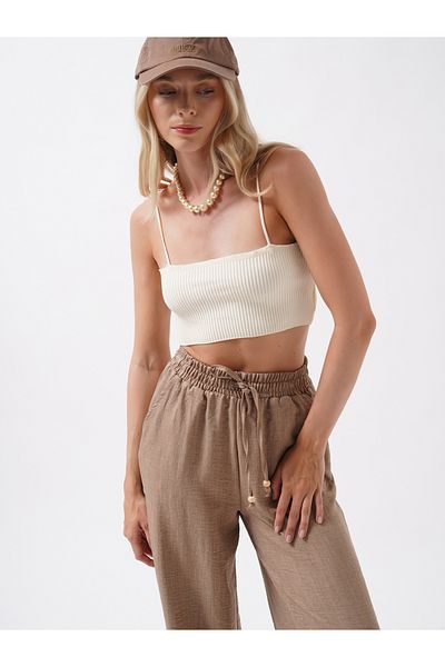 Black Fashion Ecru Crop Top with Thin Straps