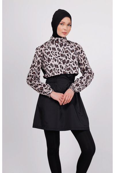 GAVLİA Niva Leopard Patterned Hijab Swimsuit Set – Set of 4 with Tights (Boneli)